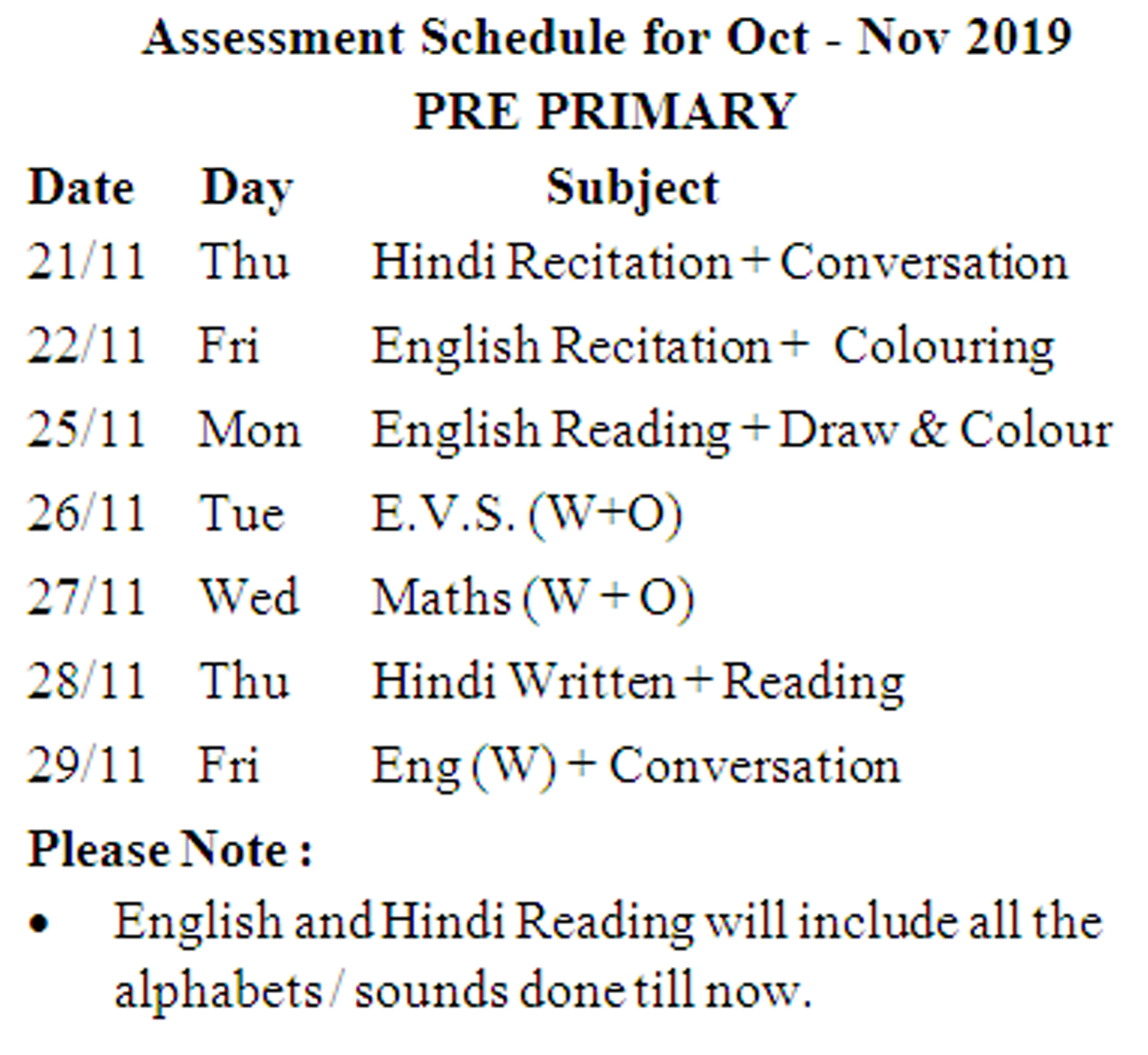 Assessment Schdeule