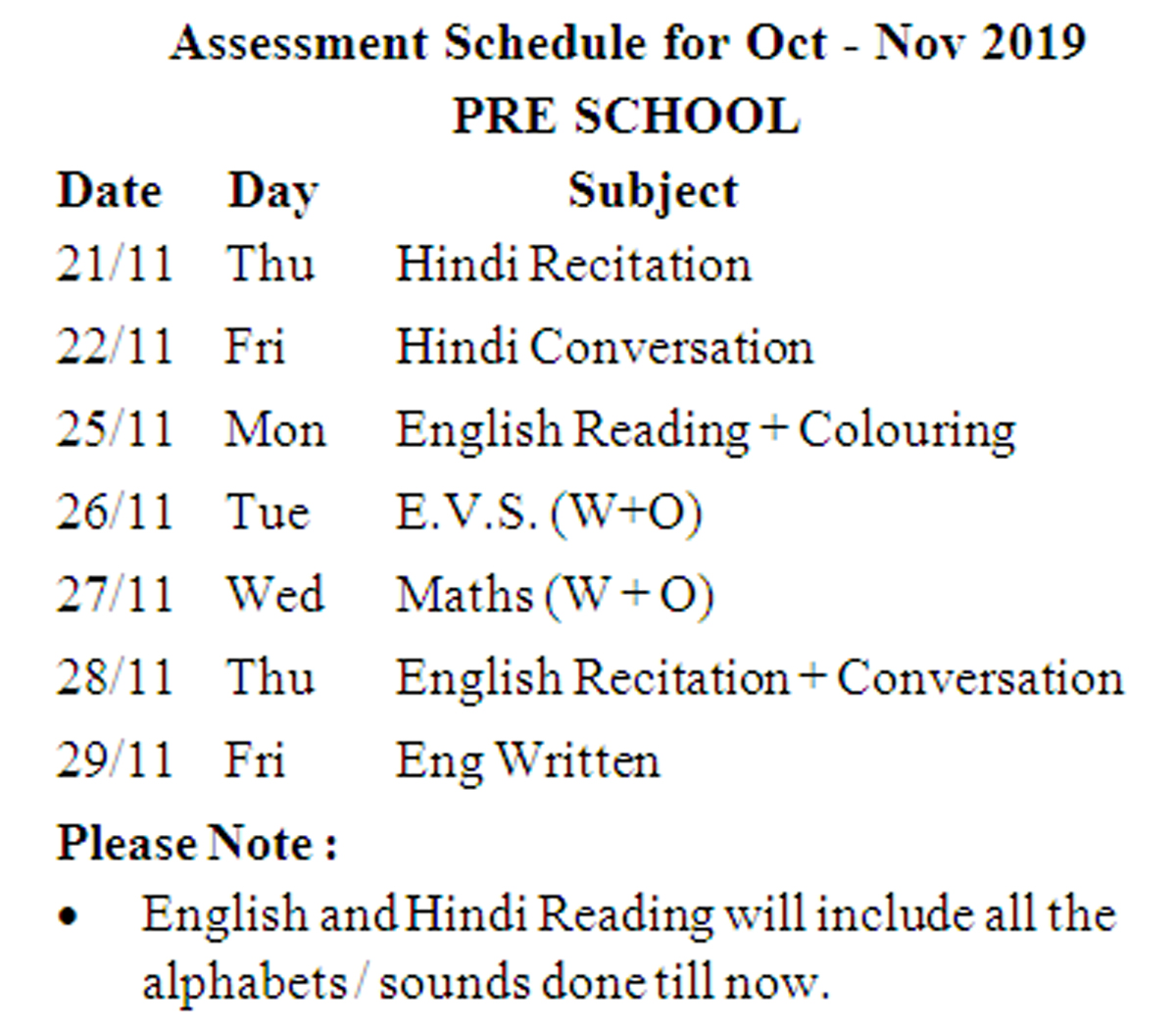 Pre Schoool Assessment Schedule